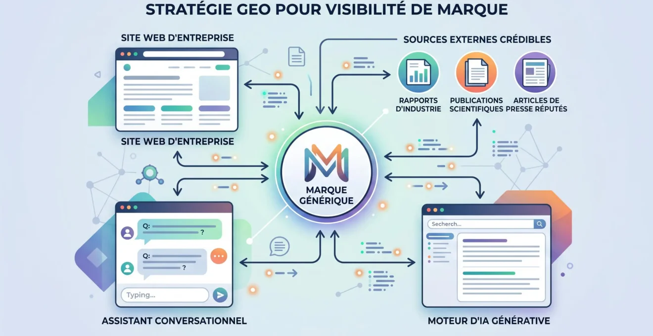 Schéma illustrant la visibilité d'une marque entre son site web, des sources externes, ChatGPT et Gemini