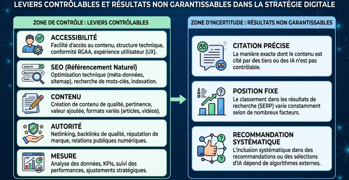 Diagramme séparant les leviers GEO optimisables des résultats que personne ne peut garantir