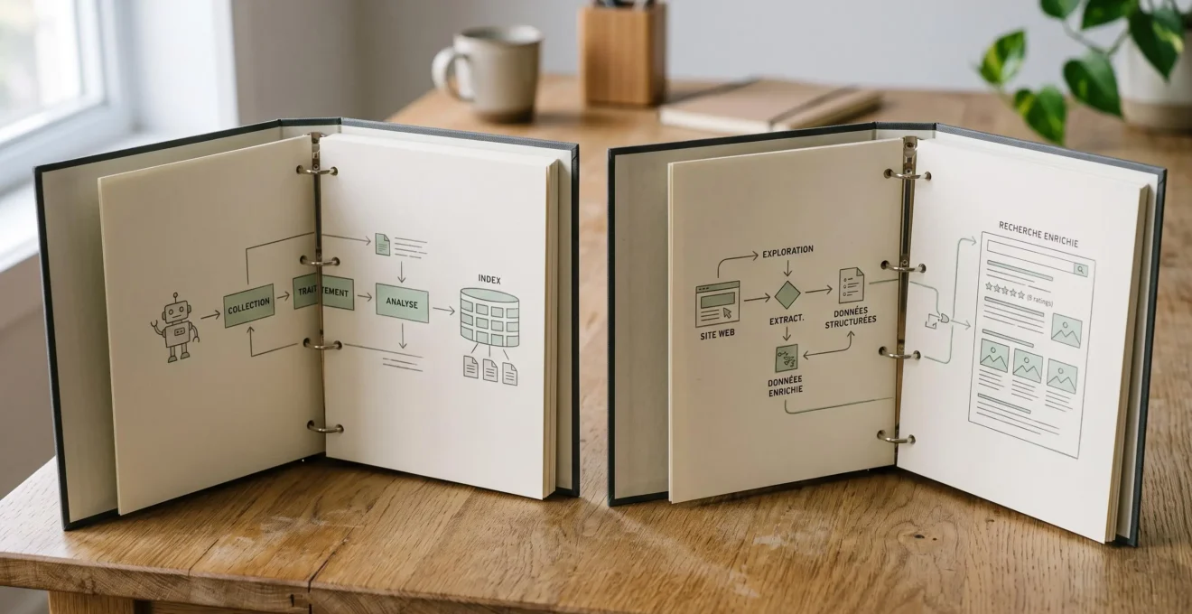 Photographie rapprochée de documents techniques imprimés présentant des parcours de recherche distincts
